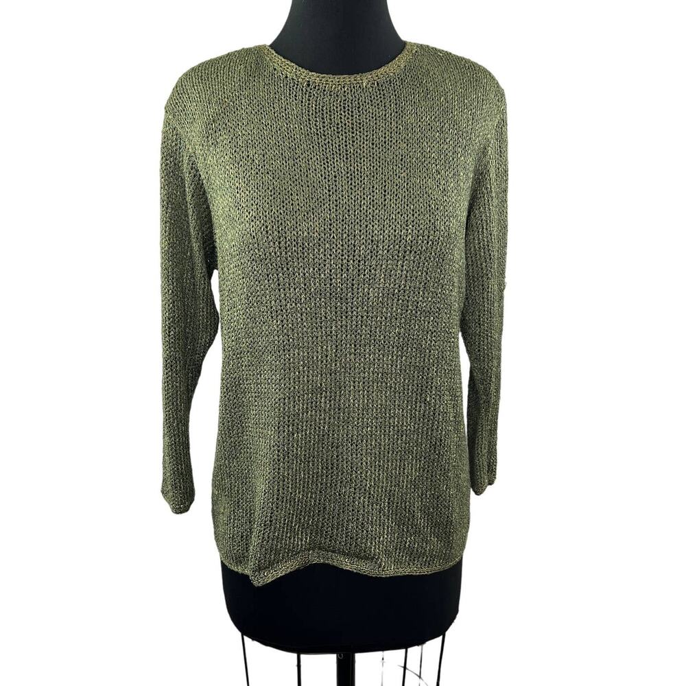 Vintage Ann McKenna Green Crochet Sweater Back Button Crew Long Sleeve Pullover